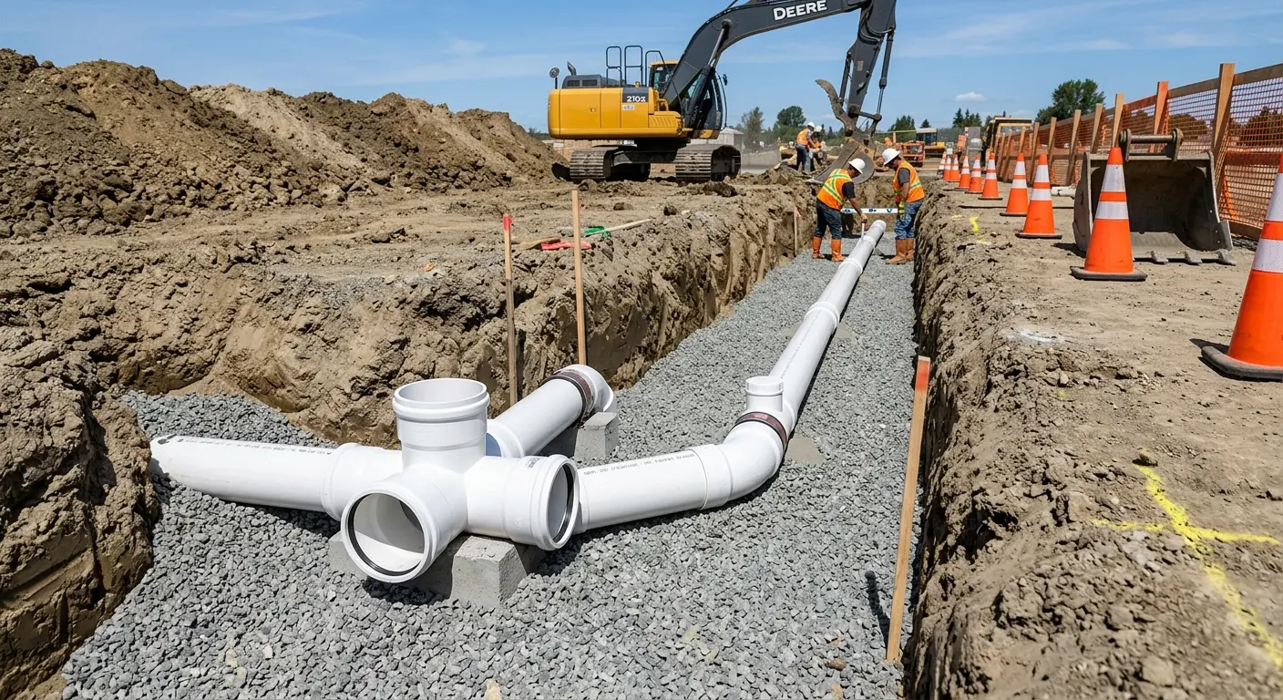 New PVC sewer pipe installation in open trench for Grease Trap Cleaning in Florence