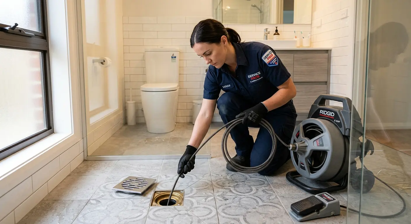 Technician clearing a bathroom floor drain for Sewer Line Installation in Florence